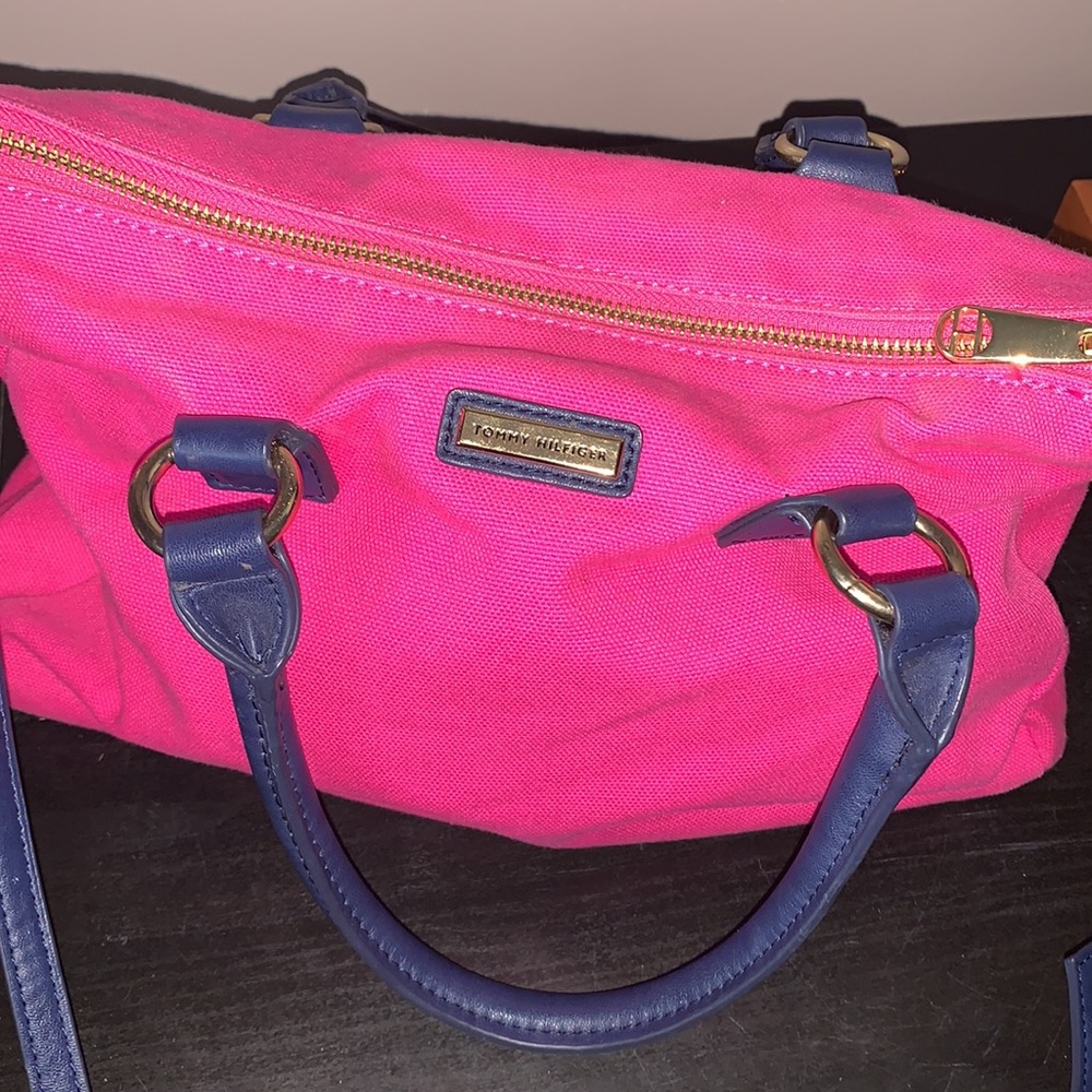 Pink and Navy canvas Tommy bag handles & long strap